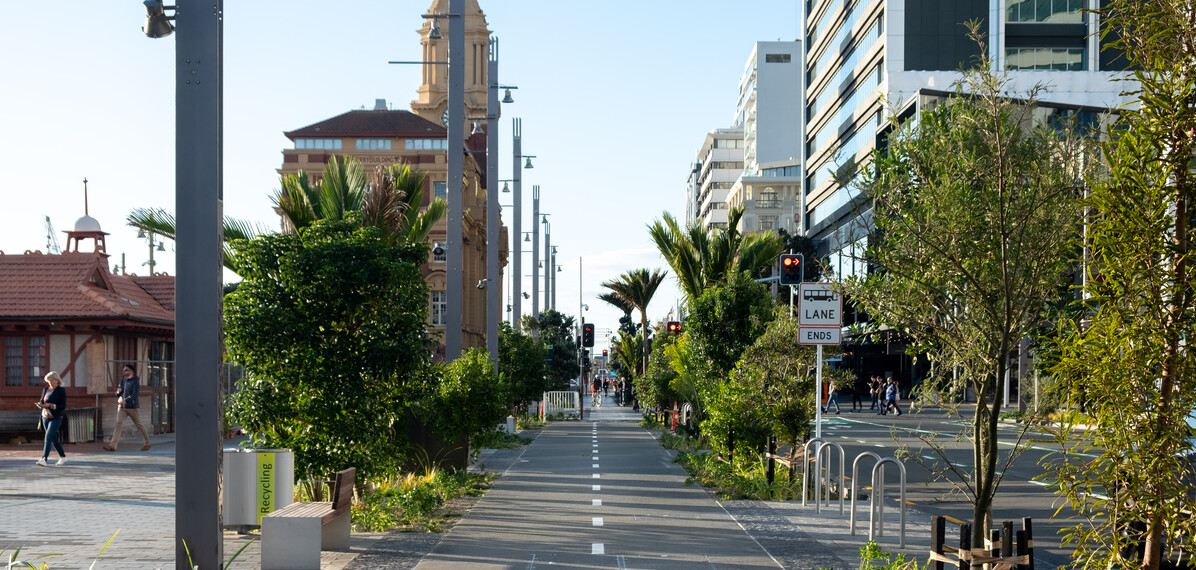 Integrated cycleway, green infrastructure, and lighting.