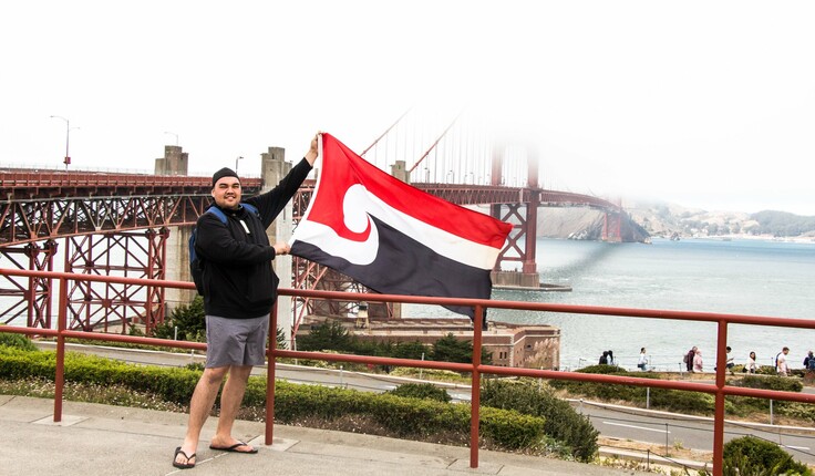 William Hatton at the Golden Gate Bridge, San Francisco, en-route to Toronto for an Indigenous Placemaking Residency in 2019.