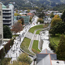 Elevated shot – large numbers of students walk along Castle Walk each day.