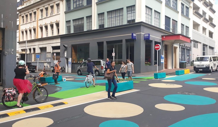 A temporary cycleway in Federal St, central Auckland. Image credit: Bike Auckland