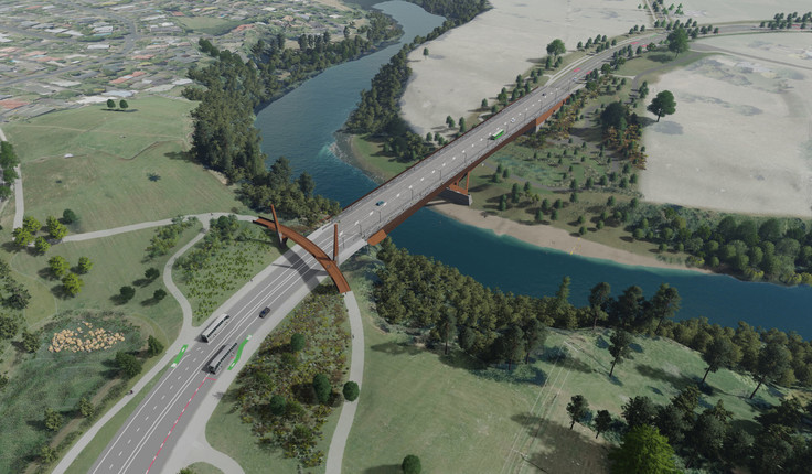 The construction contract has been let for the bridge. Note how the feet don’t stand in the water, a nod to Maori cultural beliefs that it shouldn’t interrupt the flow of the water.