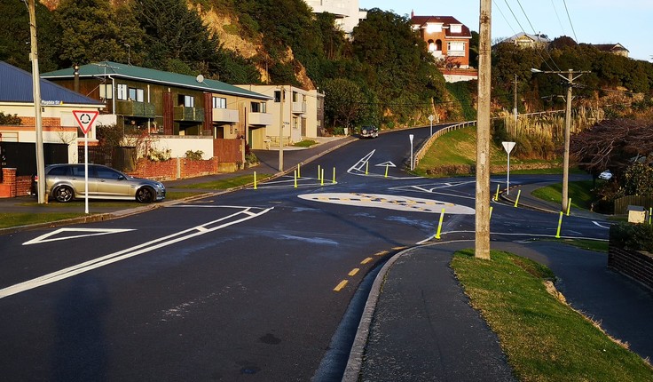 Traffic-calming safety retrofits with fast, adaptable installations like these are being tested in Dunedin’s education precinct. Photo: Dunedin City Council.