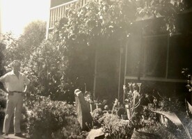Bill Sutton standing alongside his patio which featured succulents set among rocks as sculptural features, 1970s. Photo courtesy of Christchurch Art Gallery Te Puna o Waiwhetū