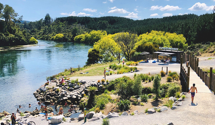 View over Ōtumuheke and the Waikato River, new bridge and coffee kiosk.