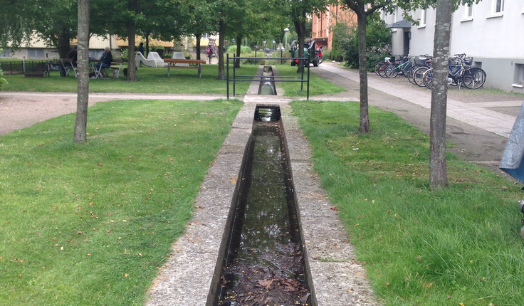 Water channel incorporated into a street berm in the neighbourhood of Augustenborg in Malmo, Sweden.