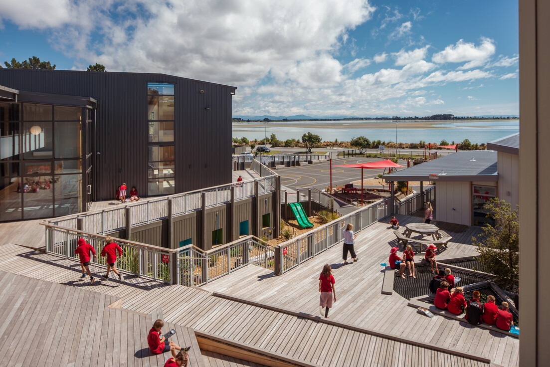 View across the Tuapapa Courtyard out to Te Ihutai estuary, Andy Spain Photography (2020)