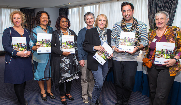 Ako Aotearoa Colloquium in Wellington at end of project Nov 2018 with project leaflets.
Left to right: Jill Tanner-Lloyd (National Communications and Marketing Manager) Helen Lomax (Director) and Beatrice Dias-Wanigasekera (Project Funds Manager) from (Ako Aotearoa), Maria Rodgers, Jacqueline McIntosh and Bruno Marques from (VUW), Professor Dory Reeves (Project co-lead, UoA)