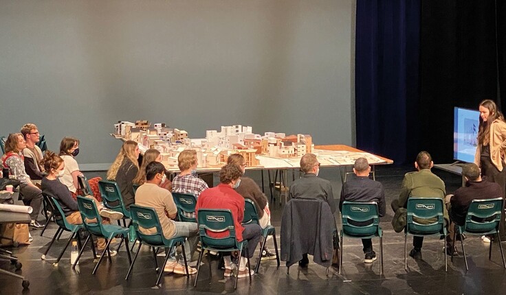 Jade Carter’s project presentation and review took place on stage in the Lower Hutt Little Theatre, with Victoria University of Wellington and Hutt City teams, Gerald Parsonson and guests.