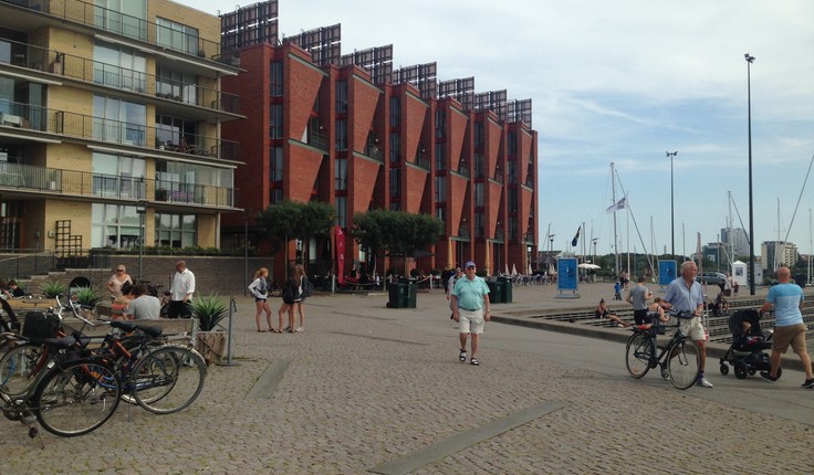 Vibrant pedestrian life in the seaside suburb of Malmo, Sweden.