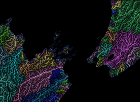 Catchments in the top of the South Island, bottom of the North Island. Source data: MfE Data Service (data.mfe.govt.nz) and LINZ Data Service (data.linz.govt.nz). Analysis and visualisation: Toitū Te Whenua Land Information New Zealand.
