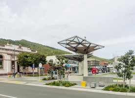 The sculptural Town Square shelters reference significant Ngāti Waewae sites within the wider Grey District. Image courtesy of Firth.