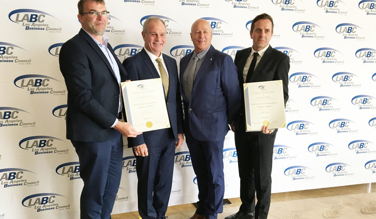 Representatives from Well-Connected Alliance, Boffa Miskell and Warren and Mahoney at the LABC Architecture Awards ceremony. L-R : Peter Whiting (Boffa Miskell), Graham Darlow, & Peter Spies (Well-Connected Alliance), Tom Locke (Warren & Mahoney)