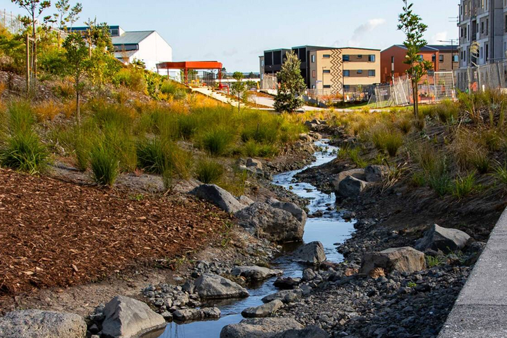 The central spatial element of community resilience and environmental sustainability is the award-winning Te Ara Awataha, an ecological corridor connecting residents, and working to reduce flooding risks within the neighbourhood.