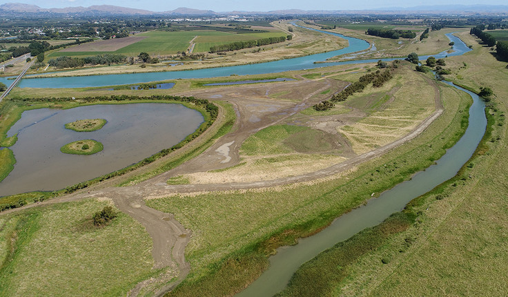 Photo: Drone photo of new wetland area looking south-west and upstream to the Ngaruroro and Tūtaekurī rivers with the Horseshoe Wetland to the left.