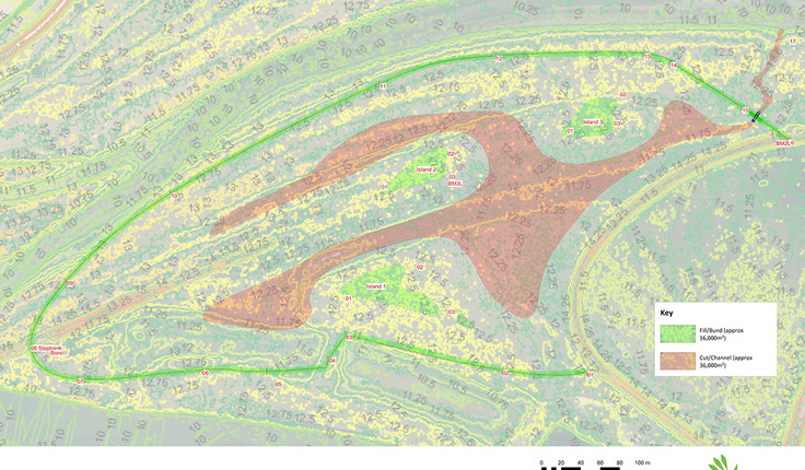 Plan: LiDAR contours show the gently undulating topography, with excavated areas (red), bund and island features (green) overlaid.