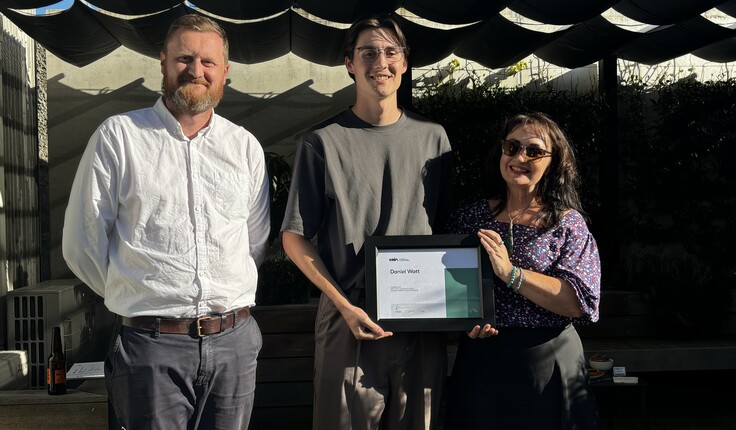 The NZILA/ Robin Gay Award of Excellence is awarded to Daniel Watt by NZILA President Debbie Tikao, and Canterbury Westland Branch outgoing Chair Jesse Byrne