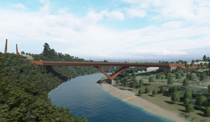 The construction contract has been let for the bridge. Note how the feet don’t stand in the water, a nod to Maori cultural beliefs that it shouldn’t interrupt the flow of the water.