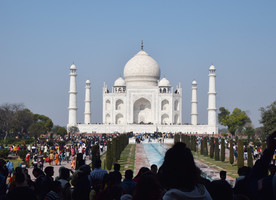 The Taj Mahal on the south bank of the Yamuna river in the city of Agra.
