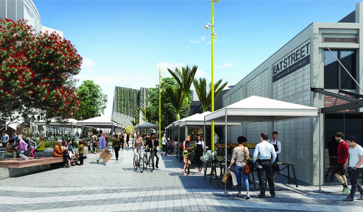 Render of the design looking north-west from Hurstmere Rd into the new square in weekend market mode.