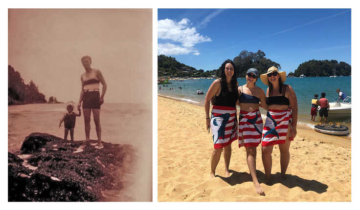 Many generations – Ngaire and Hugh c.1929; Emma, Alice and Lauren c.2021