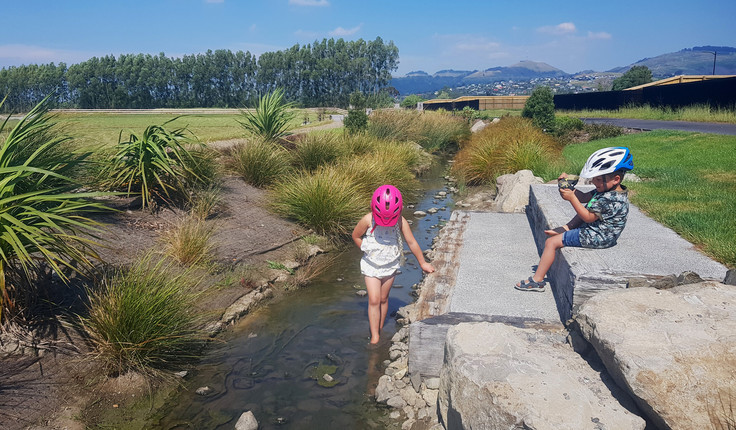 Terraces connect people with the waterway, using recycled wharf beams and concrete, against a gently sloping lawn