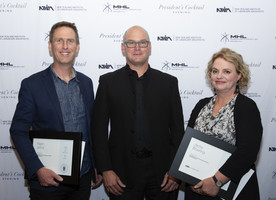 NZILA President Brad Coombs (centre) with new fellows Ralph Johns and Jacky Bowring at the cocktail event in Auckland.