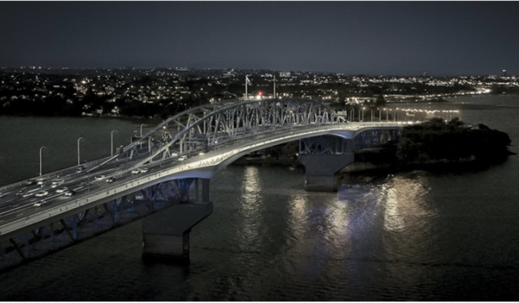 The Auckland Harbour Bridge by night.