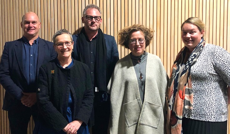 Catherine Mosbach with a team from the NZILA in Auckland last night. From left Brad Coombs, Rachel de Lambert, Henry Crothers, Catherine Mosbach, Julia Wick.