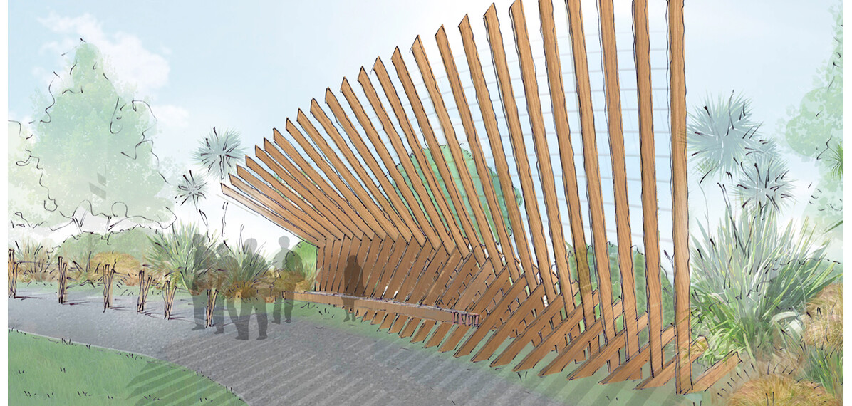 Conceptual timber shelter with seating for Manukiri, depicting whale ribs.