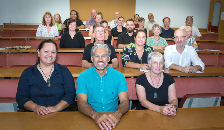 Training workshop February 2018 University of Auckland to launch the training materials with colleagues from UoA, UNTIEC, AUT, VUW).
Left to right front row: Lena Henry (University of Auckland), Rau Hoskins (UNITEC), Professor Dory Reeves (UoA).