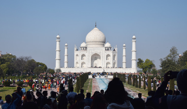 The Taj Mahal on the south bank of the Yamuna river in the city of Agra.