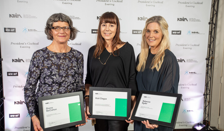 Vicki Clague with new NZILA Fellows Shona McCahon (left) and Rebecca Ryder (right)