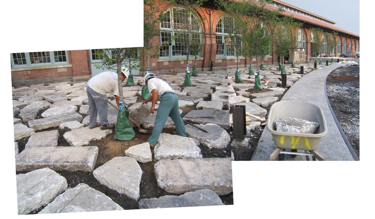 One of Bargmann’s projects was the Urban Outfitters headquarters in Philadelphia. Busted chunks of concrete from the original build reappear as porous paving nicknamed “Barney Rubble.” The use of the rubble is about two things: first is the reuse of materials that would normally be dumped in a landfill, and second, it’s about site histories. Some would say that busted concrete is not something to celebrate, but when seen anew, it can be extra-ordinary, says Bargmann.