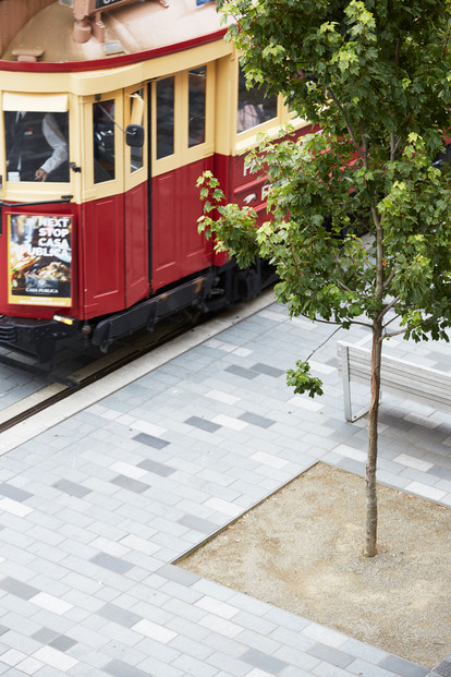 Promenade paving pattern with tram tracks.