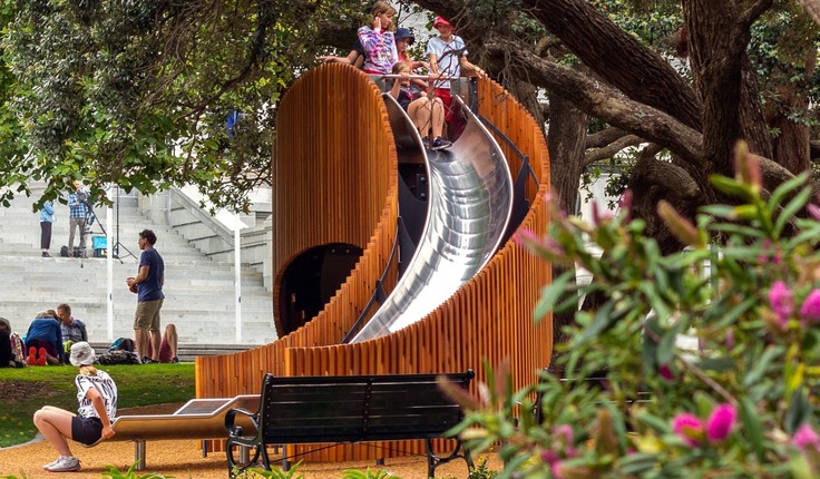 The slide was manufactured in Palmerston North and uses sustainable forest beech. Photo credit: Studio Pacific Architecture