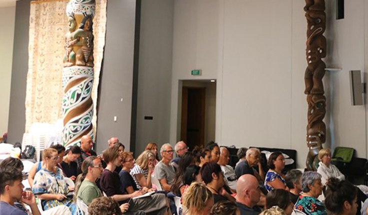 (Kora session Matauranga Maori) – Attendees listening to the Kora Session at Te Puna Wanaka on the final night of the hui.