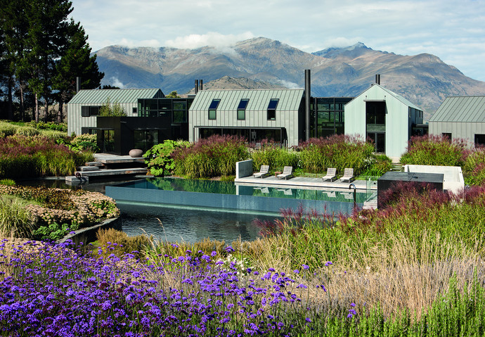 Overview of the pool area from the perennial walk.